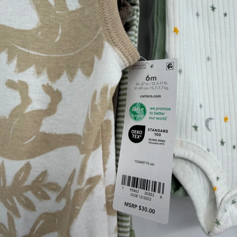 Carter's Bodysuit Bundle Kids 3M-6M Multicolor Dinosaur Stripe Ribbed Cotton